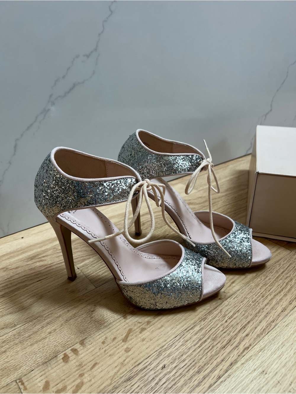 Madison by Shoedazzle Effy Silver Glitter Peep Toe Heels Baby Pink Stilettos 8.5